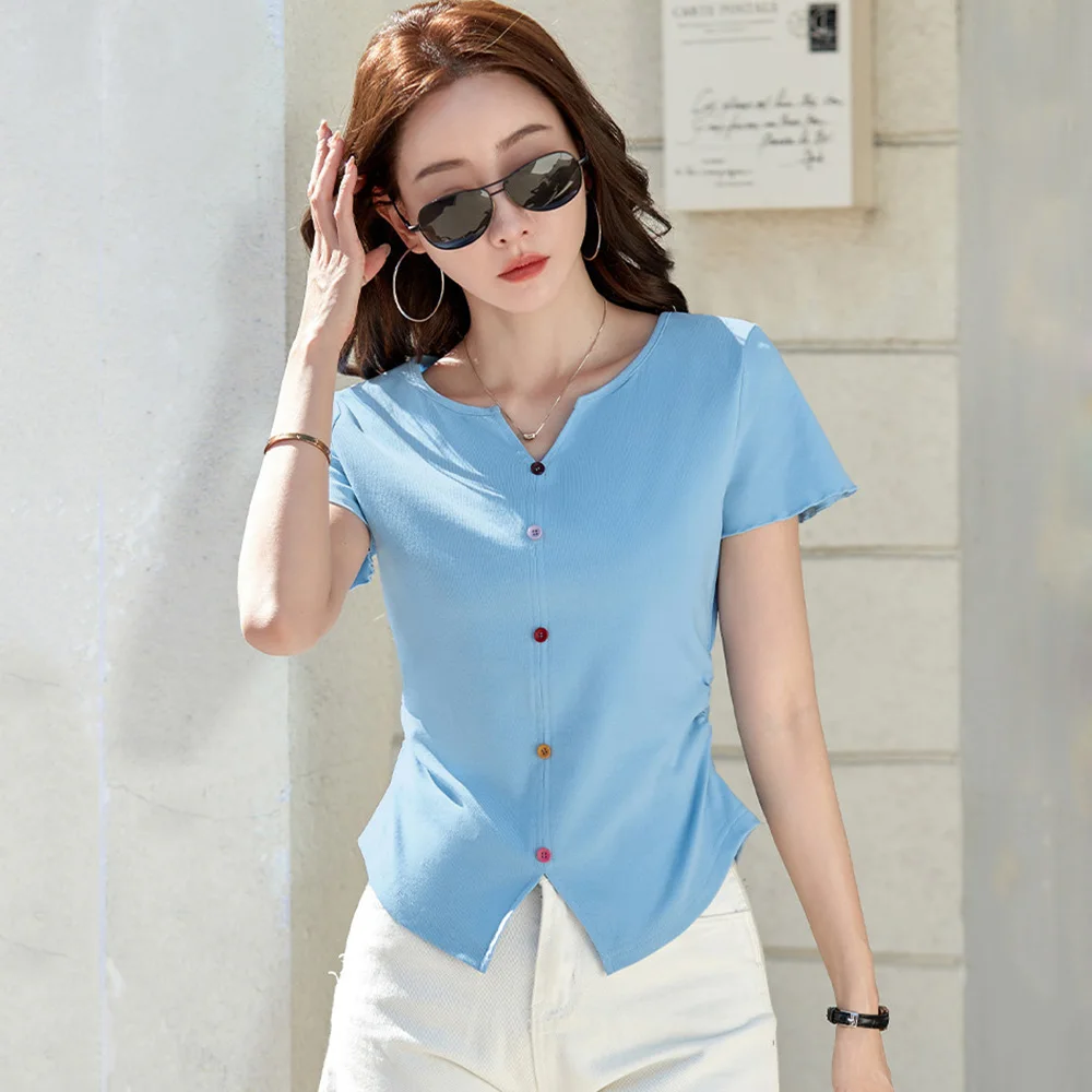 

Новая женская футболка с коротким рукавом, летняя модная футболка с V-образным вырезом, приталенная, однотонная, повседневная базовая футболка