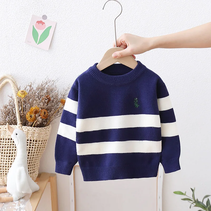 Autumn Winter Toddler Boy Pullovers Cotton Cartoon Printed Long Sleeve Baby Boy Sweater Casual Striped Knitted Children Boys Top