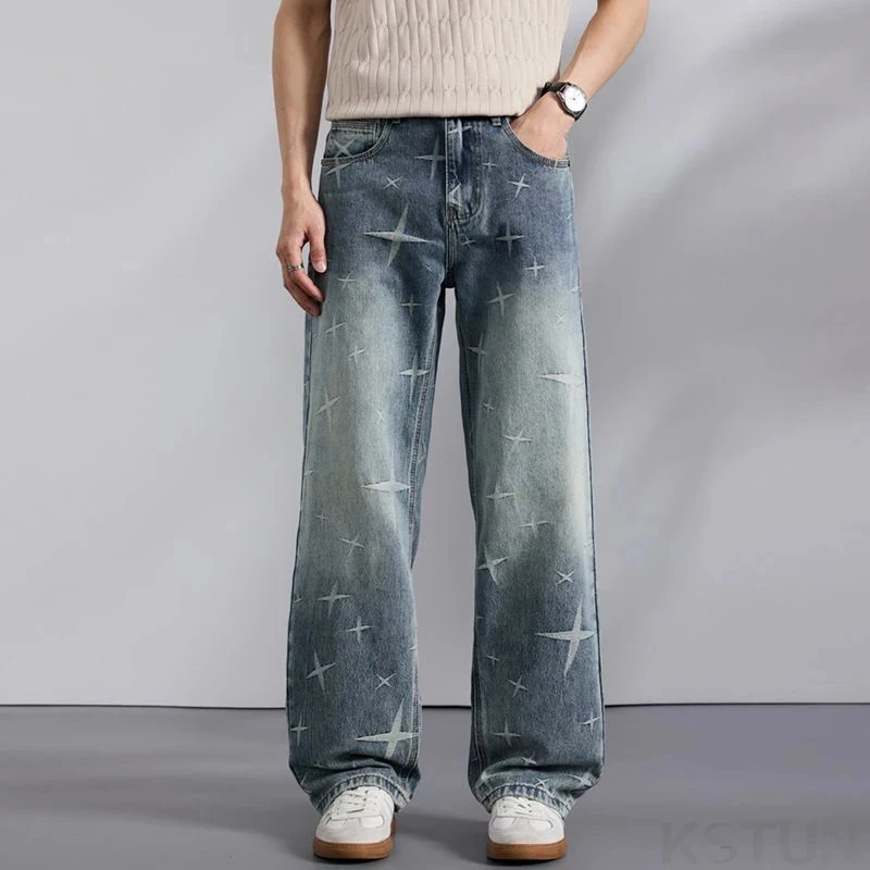 

2026 Men's Jeans Straight Leg Denim Pants Loose Fitness Fashion Patterns Design Vintage Streetwear Casual Trousers Cowboys