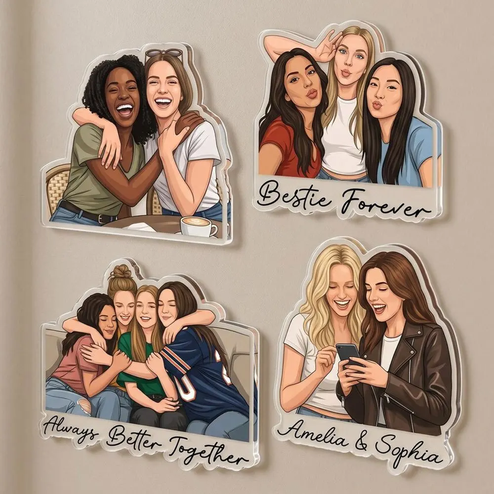 Long Distance Friendship Gift Custom Portrait Fridge Magnet Personalized Friends Illustration Acrylic Refrigerator Sticker.