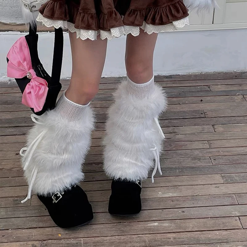 Punk Thickened Fluffy Bow Knot Legger Warmer Gothic Black Fur Boots Medium Tube Y2k Warmer Foot Cover Harajuku Party Accessories