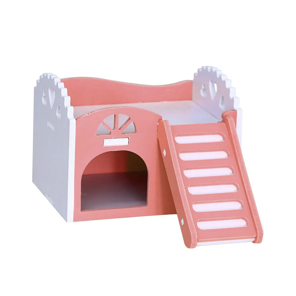 Dwarf Hamster House DIY Wooden Villa Hideout Snuggery Sleeping Nest Balcony Food Basin Ladder Small Pet Cage Hamster Cage