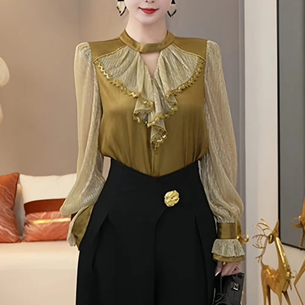 French court style shirt, silk women's long sleeved spring and autumn new  base shirt, temperament high-end satin top