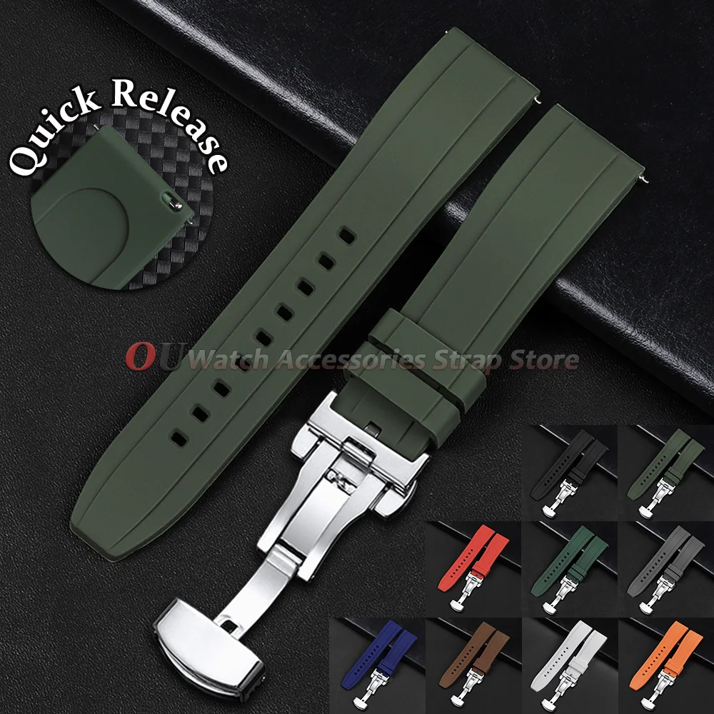 Bracelet de montre en Silicone 20mm 22mm, pour Seiko, Rolex, Omega, à dégagement rapide, boucle papillon, en caoutchouc, pour femmes et hommes