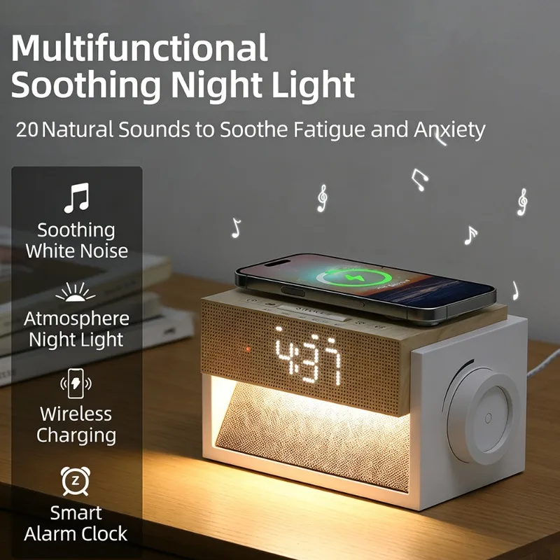 

Многофункциональная прикроватная лампа с беспроводной зарядкой, 20 звуков природы, генератор белого шума, цифровой будильник с ночником