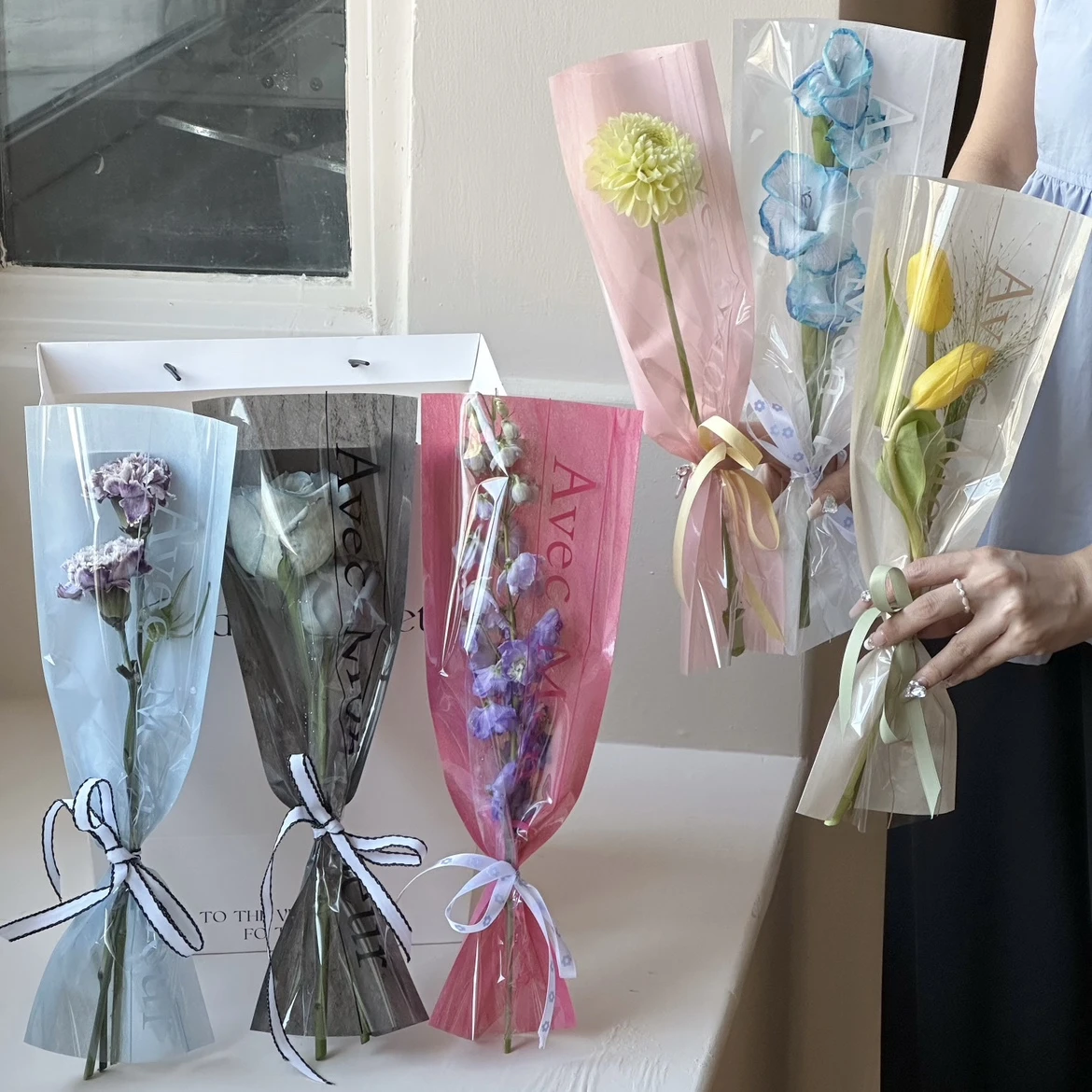 Single Rose Bundle Packaging Bag Flower Bag 20Pcs, Korean Wrapping Paper for Flowers, Valentine's