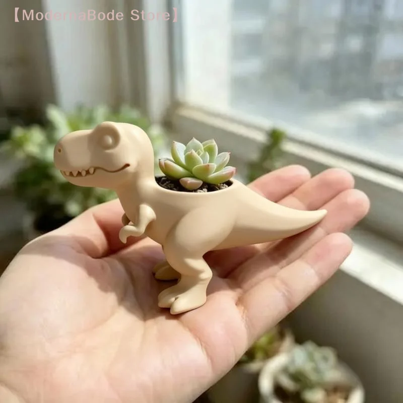 【M】Mini T-Rex Dinosaur Planter 3D Printed, Retro Plastic Pot for Cacti Herbs, Cute Indoor Outdoor Plant Decor