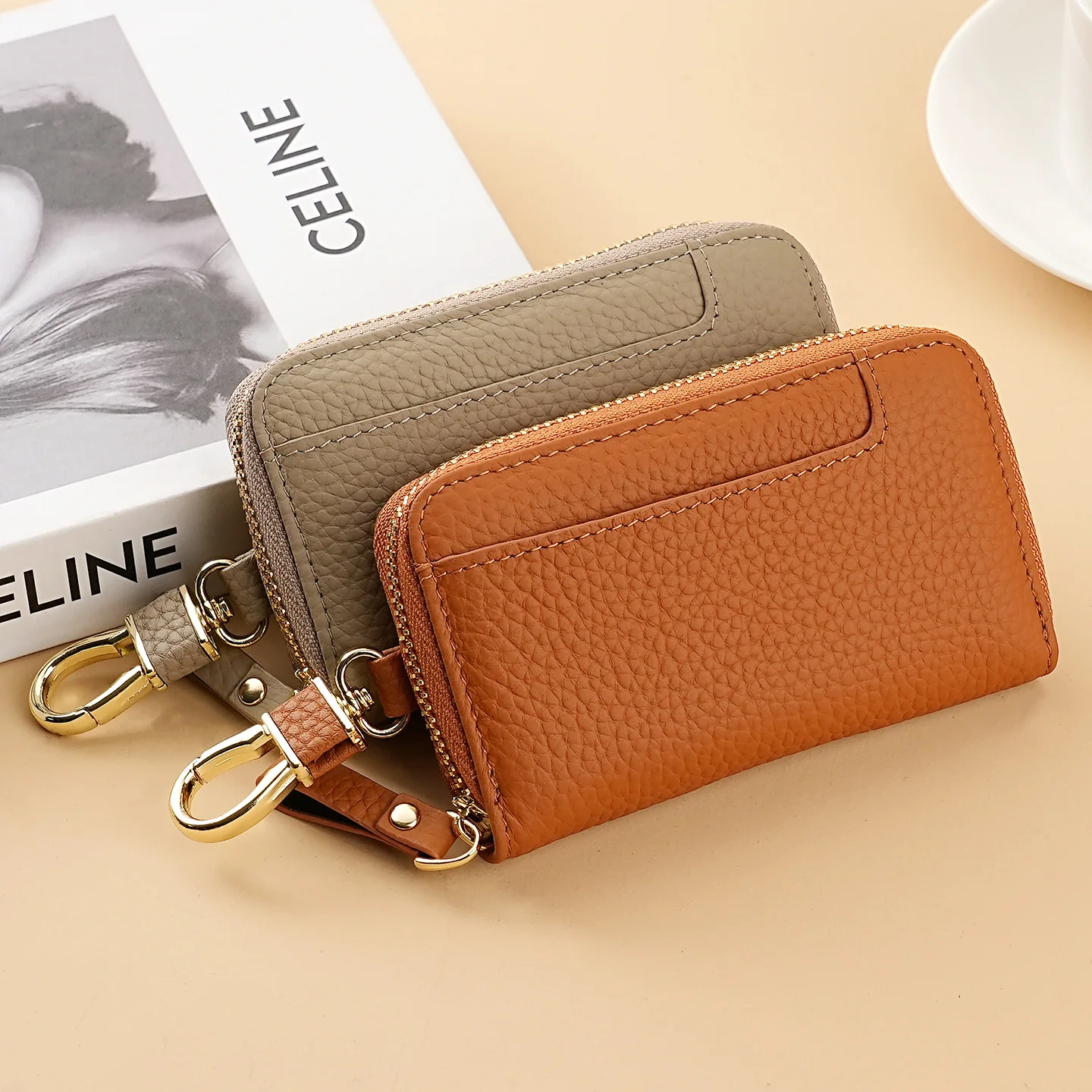 Men Genuine Leather Key Wallet Card Keychain Cover Zipper Card Holder Wallet Keys Organizer Large Capacity Household Key Bag