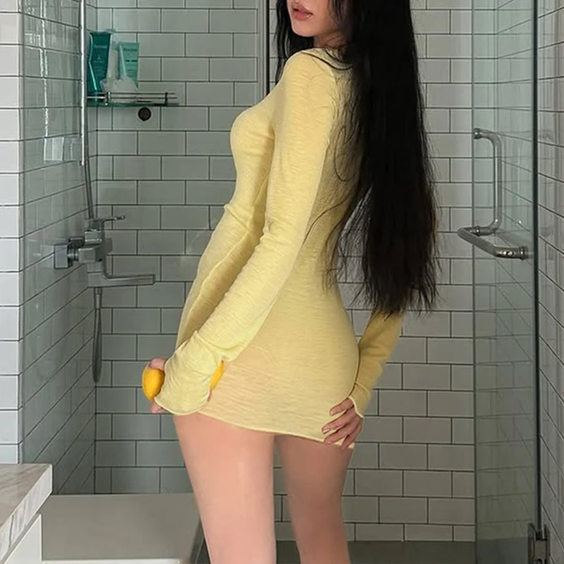 BKLD Vitality gele mini bodycon-jurk micro-transparante ronde hals lange mouw hoge taille trui casual vakantiestijl jurken