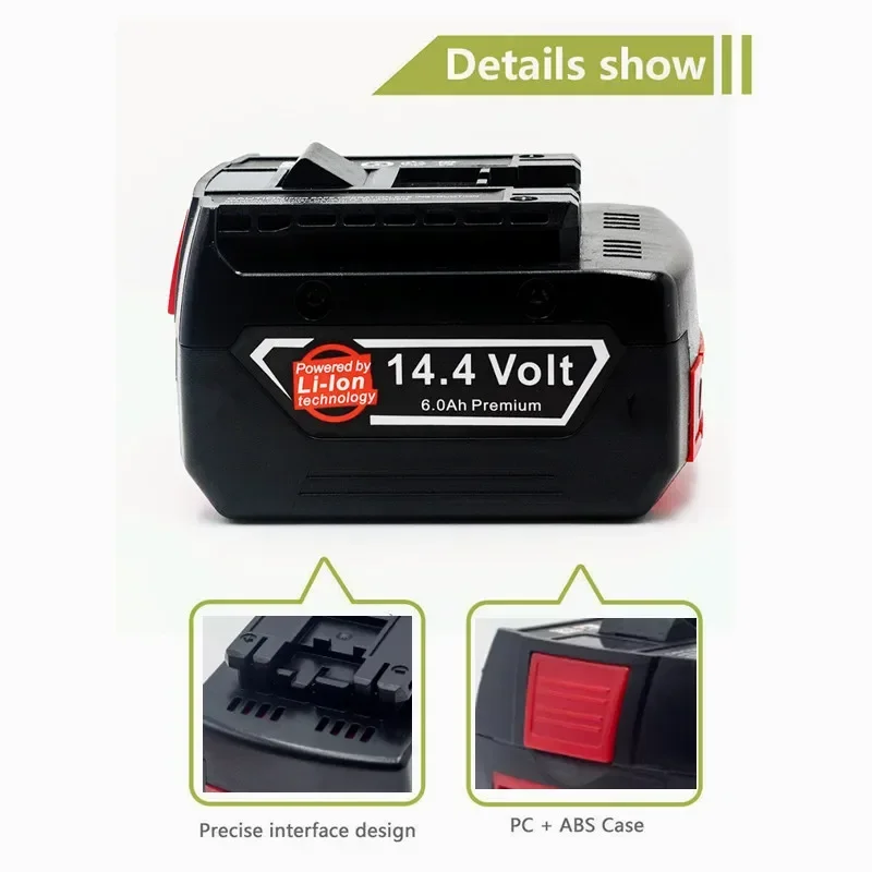 Baterai Li-ion 14.4V 6,0Ah Kapasitas Tinggi untuk Penggantian Alat Listrik Bosch GBH GDR GSR DDS180, BAT614G (KC)