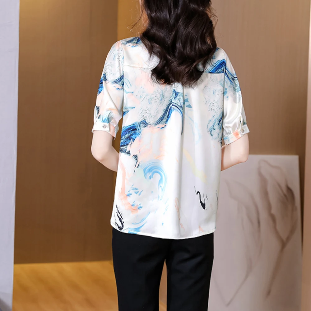 New Summer Fashion Printed Satin Blouses Women 2024 Office Lady Short Sleeve Shirts Outwear Tops Female Casual Clothes Blusas