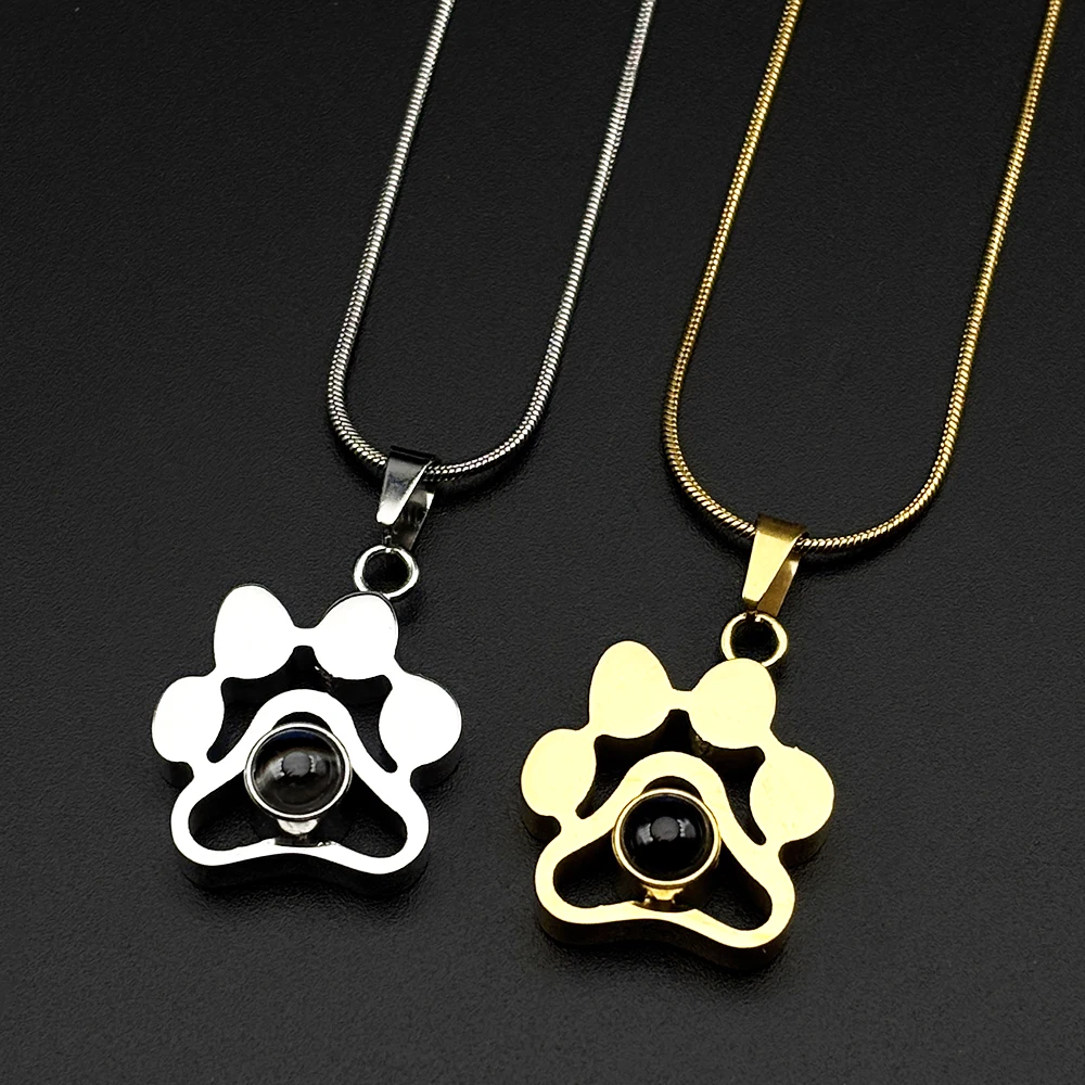 100 Languages I Love You Projection Pet Paw Pendant Necklace For Dog Cat Lover Women Men Stainless Steel Memory Keepsake Gift