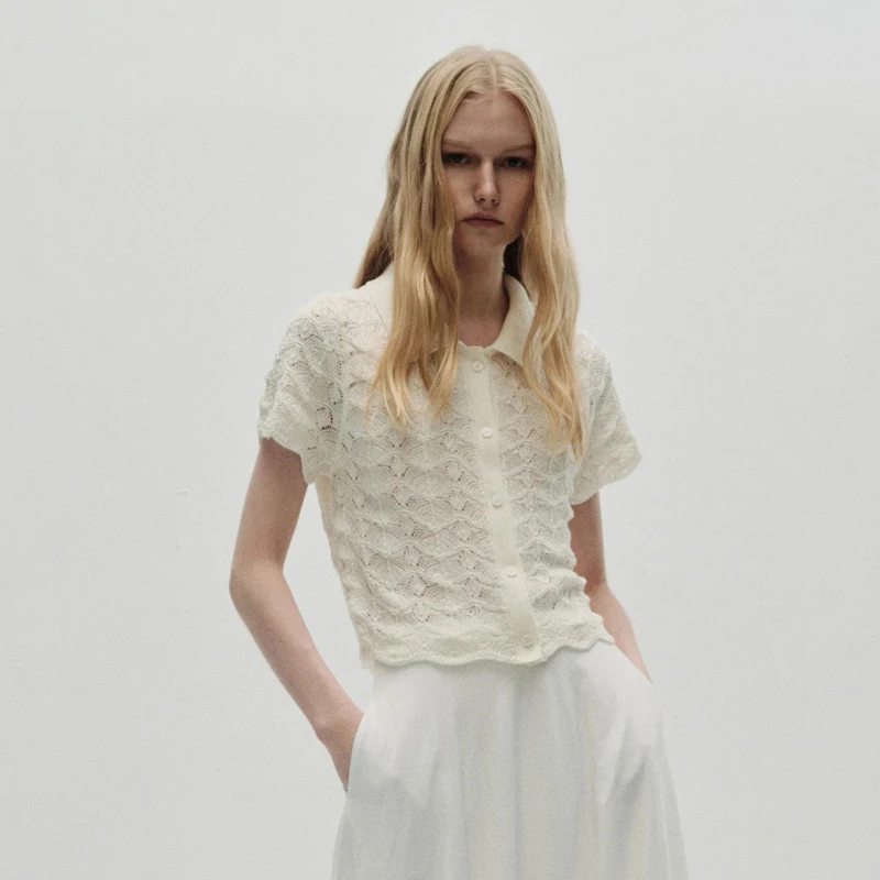 

Ele Early Autumn ort Sve Open Cardigan Knitted Hollow out Embroidery Wave Turn-down Collar Breathable Top for W...