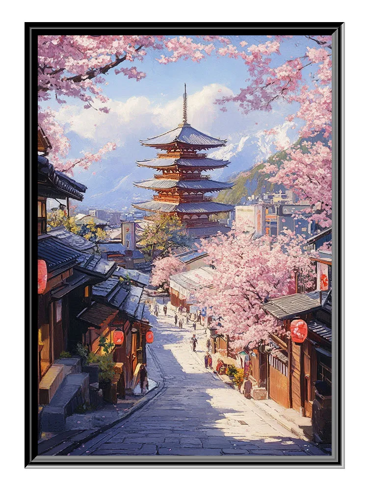 Japanese street view cherry blossom building canvas poster printing wall painting mural suitable for living room home decoration