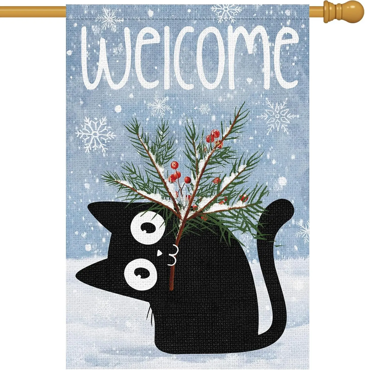 Winter Garden Flag 28 x 40 Inch Double Sided for Outside, Black Cat Pine Tree Branches Snowflake Christmas Winter Welcome Ho ZZM