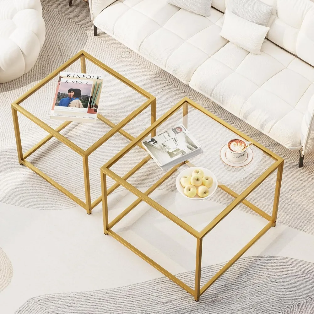 Coffee Table Set of 2, Modern Glass Nesting Table, Metal Frame Square Center Table Set, Side Tables, Nesting Coffee Table for L