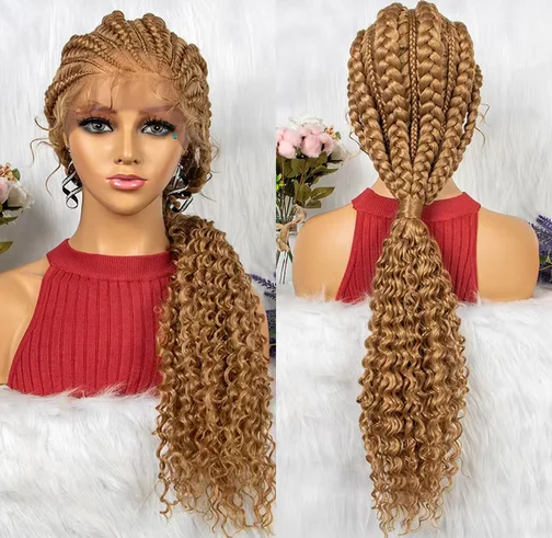 Cornrow Braided Wigs Synthetic Full Lace Cronrow Box Braids Wig Lace Front 27/613 Blonde Synthetic Curly Hair Wig for Women