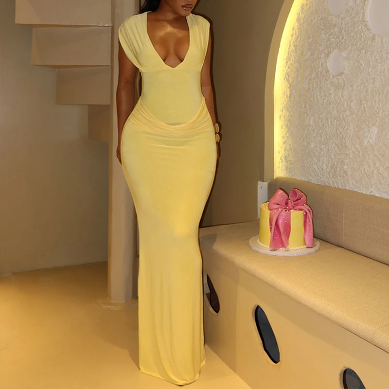 BKLD elegante temperamento cuello en V sin mangas ceñido al cuerpo plisado Color sólido paquete cadera vestido largo para mujeres fiesta Club ropa elegante