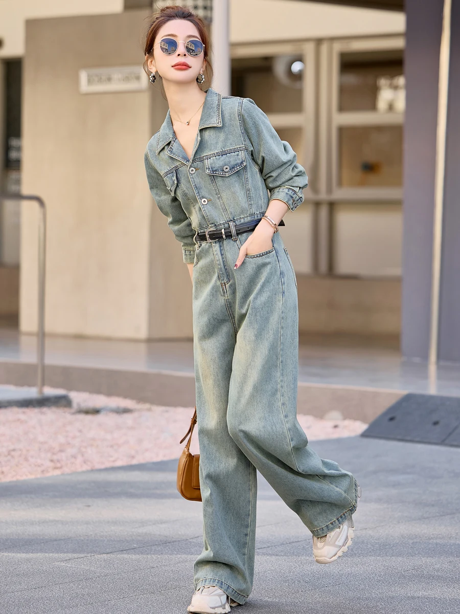 

Элегантный джинсовый комбинезон для женщин, осень 2025, новая коллекция, модный, стройнящий, рабочий стиль, цельный комплект, повседневные широкие брюки...