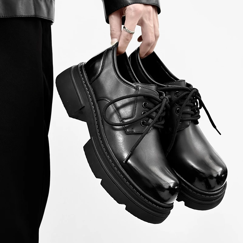 

Men's Derby Shoes, Thick-soled Invisible Height-increasing Round-toe Leather Shoes, British Style Workwear Casual Leather Shoes