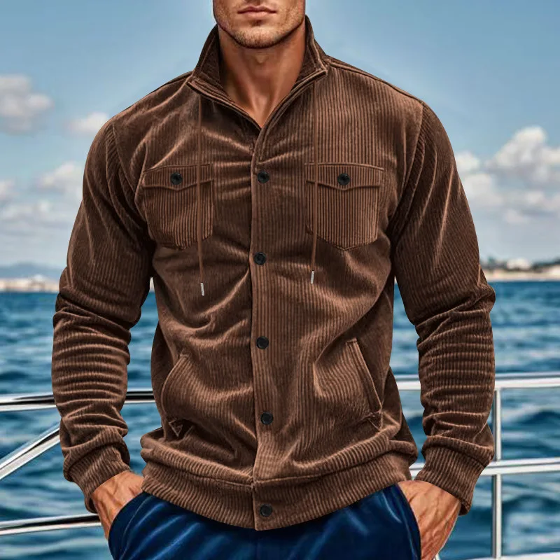 

American Vintage Corduroy Jacket Men Autumn Multi Pocket Cargo Coat Fashion Long sleeves stand-up Collar Tops Streetwear