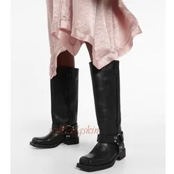 Square Toe Belt Buckles Boots Solid Leather Chunky Heels Slip On Knee High Boots Women New Style Fashion Designer Party Runway