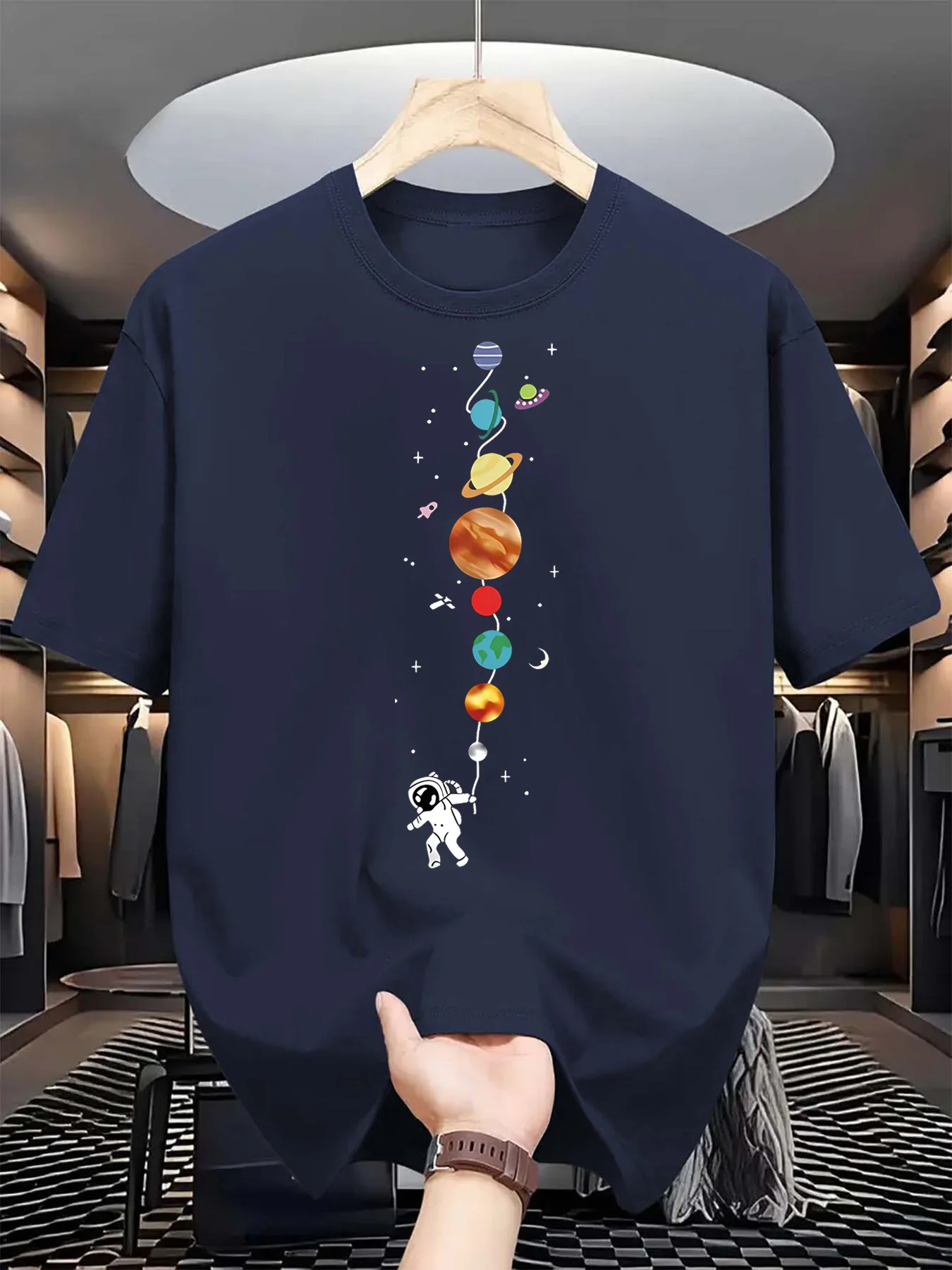 Men's summer 100% pure cotton astronaut planet graphic printed fashionable casual sports loose round neck short sleeved T-shirt