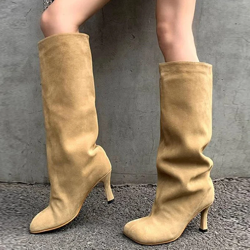 ZAROY Brand Designer Big Size Women Boots Round Toe Thin High Heel Faux Suede Khaki Fashion Luxury Minimalist Knee High Boots