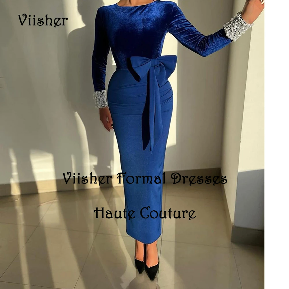 

Royal Blue Velvet Mermaid Evening Prom Dresses Long Sleeve O Neck Arabian Dubai Formal Party Dress Ankle Length