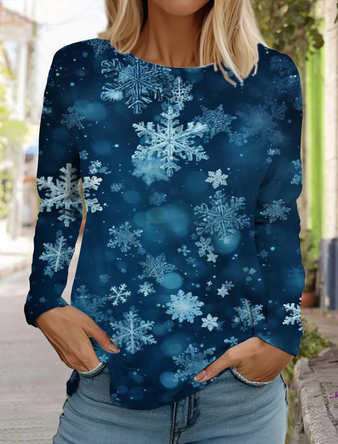 Christmas Snowflake Women's Long Sleeves T-Shirt Round Neck Autumn Santa Claus Elk Clothing Holiday Fashion Party T-Shirt Tops