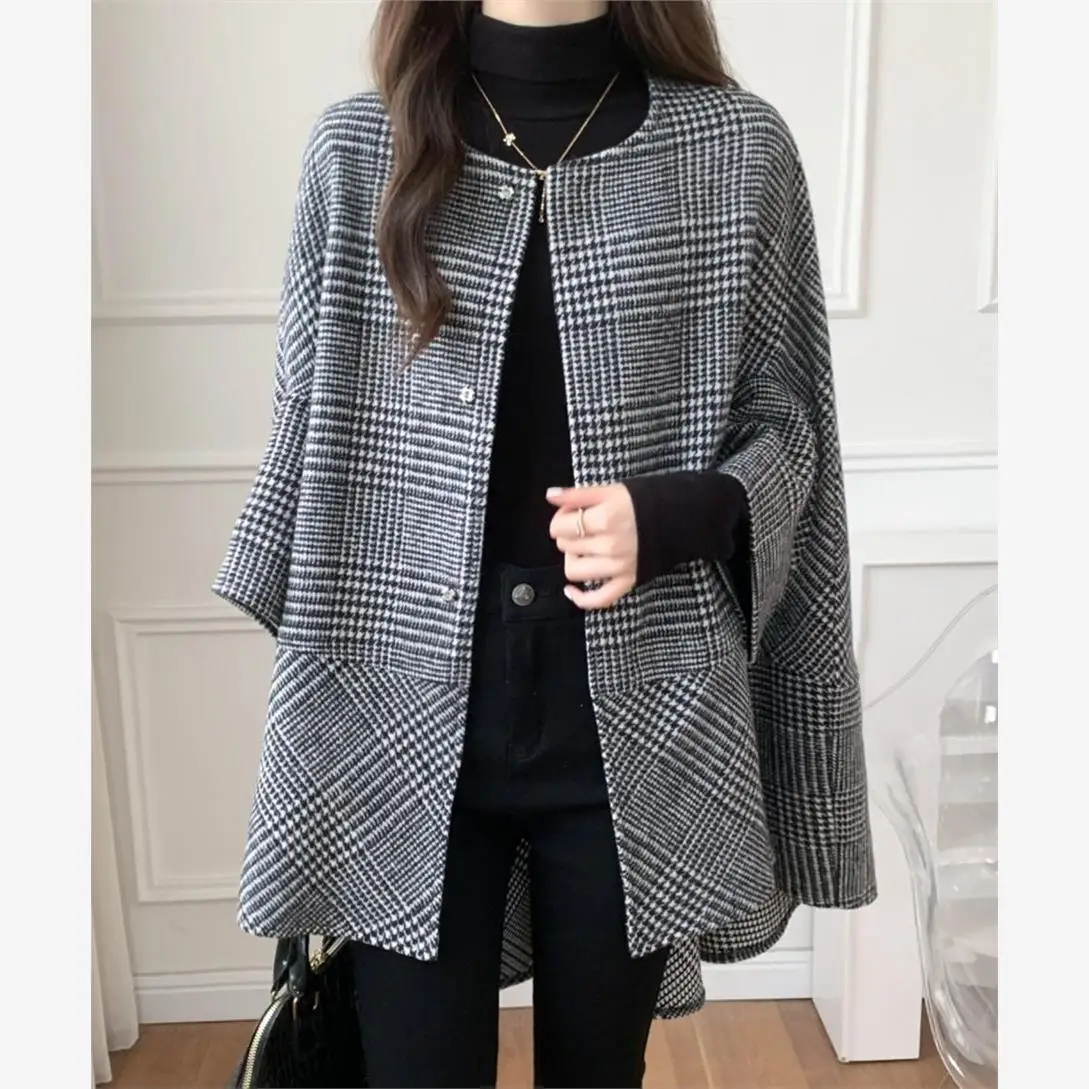 

Women's Mid-Length Open Cardigan round Ne Plaid Coat Cowl Ne Faionable Korean Sle Winter Thiened Woolen Coat
