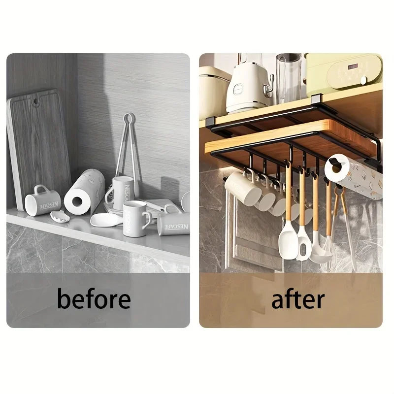 Kitchen Hanging Organizer Rack with Hooks Under Cupboard Paper Towel Rags Hanger Cutting Board Pot Cover Holder Storage Shelf