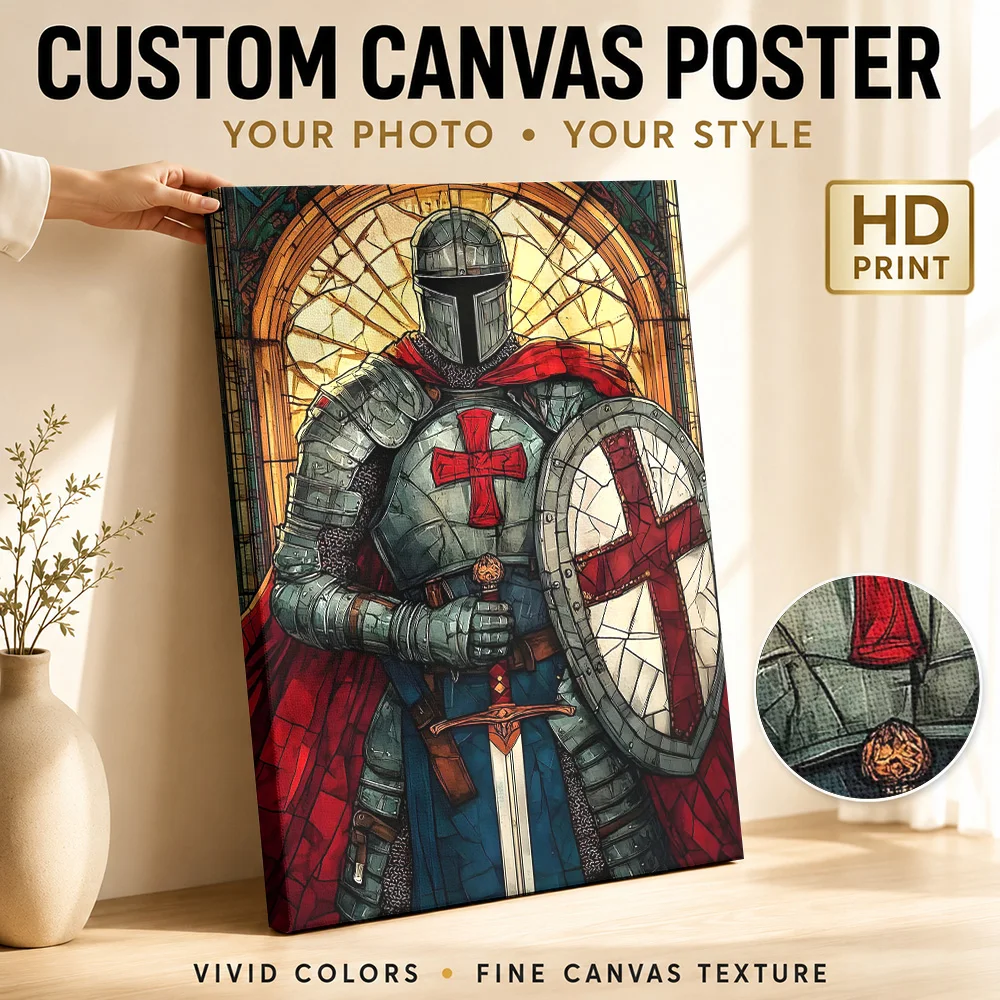 Knight in Shining Armor with Sword and Shield Canvas Print Poster Customized Modern Aesthetic Canvas Wall Art for Office Decor