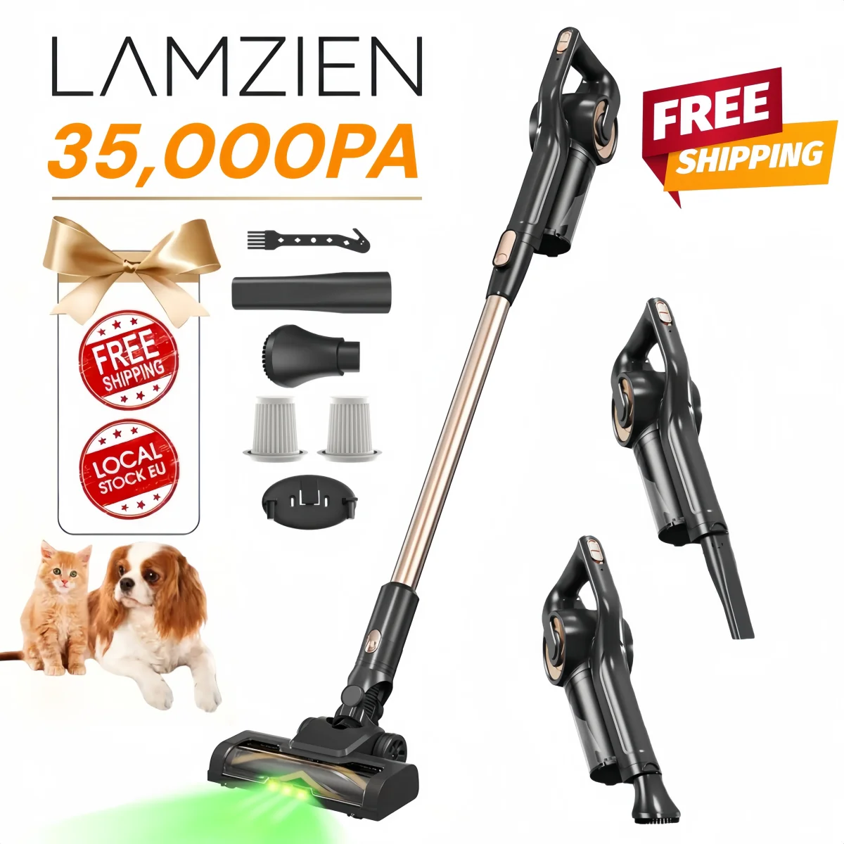 Aspirateur sans fil 35KPA/40 min, avec lumière verte améliorée et brosse anti-emmêlement pour sols, pour la maison, les tapis, les poils d'animaux, les sols durs