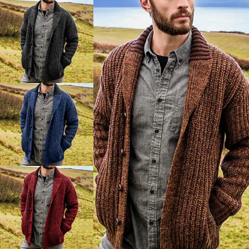 Men's Winter Cardigan Sweater Solid Shawl Collar Cardigan Sweater Button Down Cable Knitted Sweater Casual Coat Male's Clothing