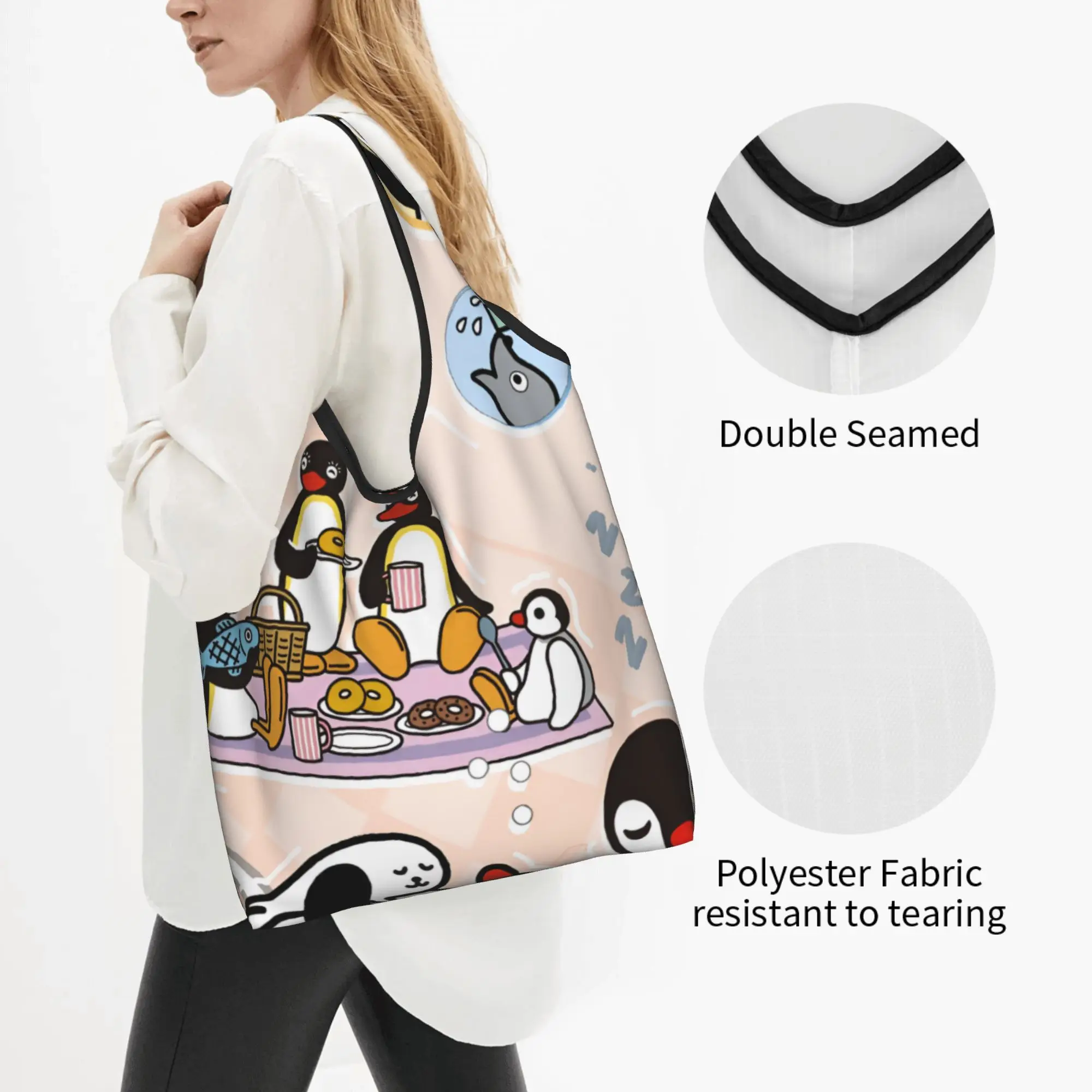 Cute Penguin Cartoon Manga Shopping Tote Bags Portable Hot Movie Grocery Shopper Shoulder Bag