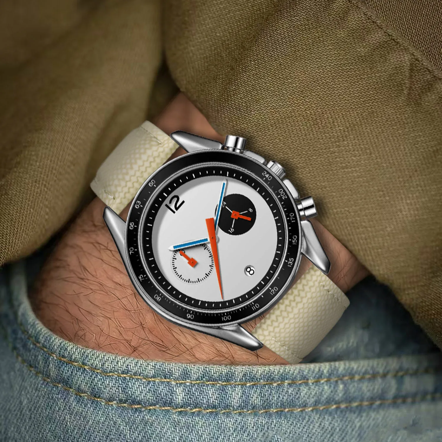 CILOA-Men Vintage Silver Watch White Dial Chronograph Beige Leather Strap Business-507 Sports Quartz Wrist Watch