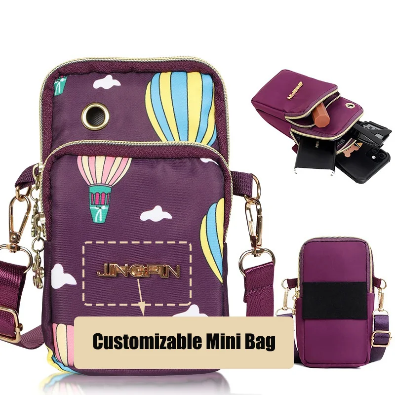 

Custom Women's Mobile Phone Bag Waterproof Nylon Mini Size Shoulder Bag Lightweight Three Layer Coin Pouch Mom Grandmother Gift