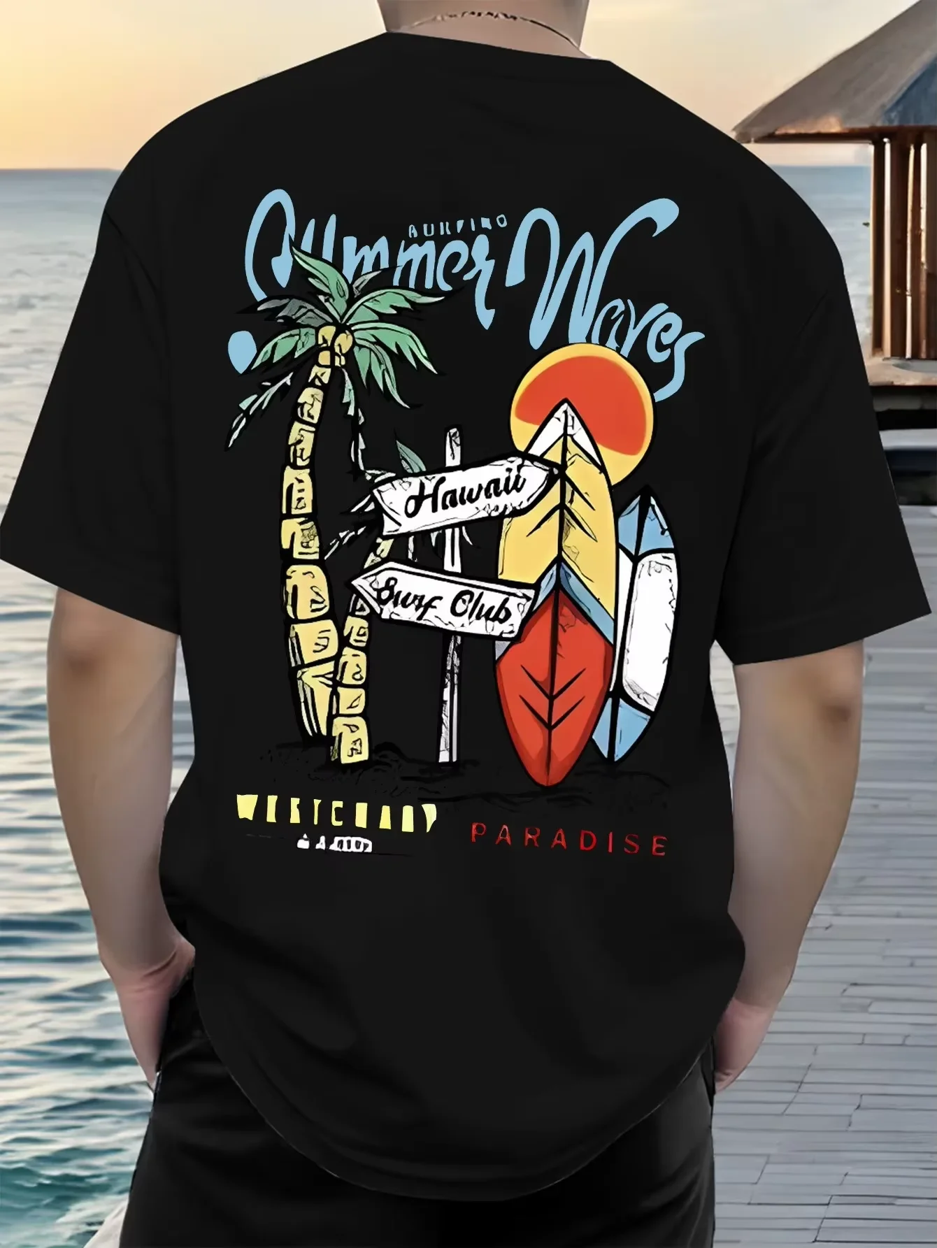 2026 New Hawaii Surf Waves Printed T-shirt for Men, Short Sleeve Casual Beach Tee,  Outdoor Daily Streetwear Tops