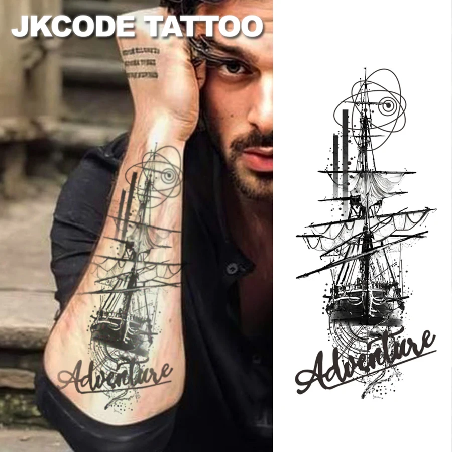 Herbal Halloween Tattoo - Nautical Theme Cool Style Sketch Tattoo - Mysterious Ghost Pirate Ship Tattoo - Horror Gothic Style - 