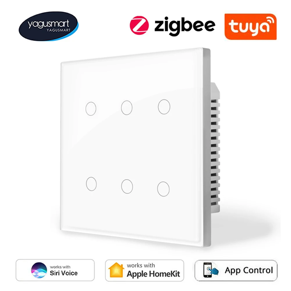 

Умный настенный выключатель Yagusmart Tuya 6 Gang Zigbee, 4x4 нейтральные нужные стеклянные панели, сенсорный переключатель Homekit AlexaGoogle