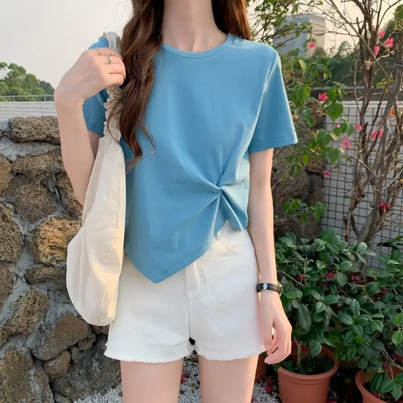 Irregularly short sleeves T-shirt Woman's New style Summer Half Sleeve High Waist Short Tops Solid colour Oneck ladies' clothing