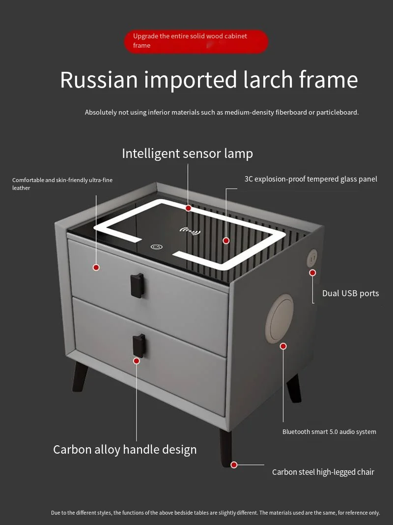 منضدة خشبية صلبة فاخرة بثلاثة أدراج طاولة سرير ذكية مدمجة لغرفة النوم مصنوعة من الجلد وشحن لاسلكي متكامل