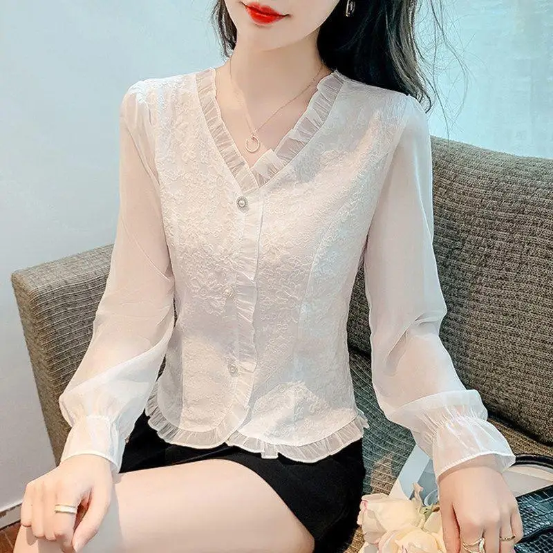 Slimming  Shirt Women's Long Sleeve Floral Spring Summer New Style Fashionable Snowflake Shirt Bell Sleeve Top