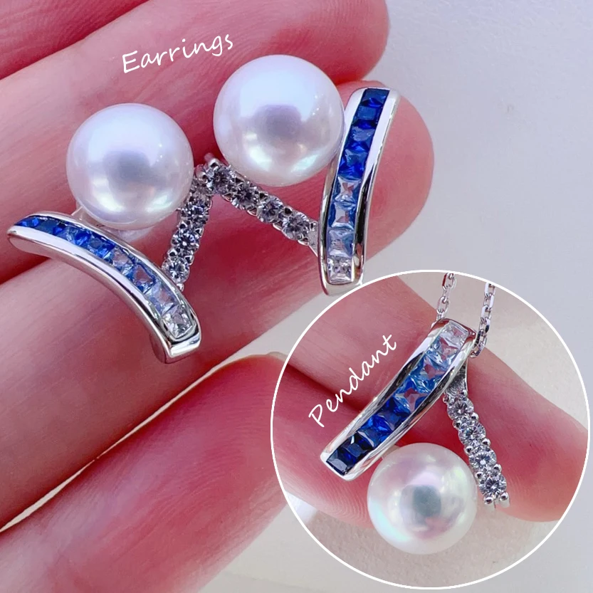 

MeiBaPJ Natural White Pearls Fashion Blue Zrcons Jewelry Set DIY 925 Silver Ring Earrings Fine Jewelry for Women