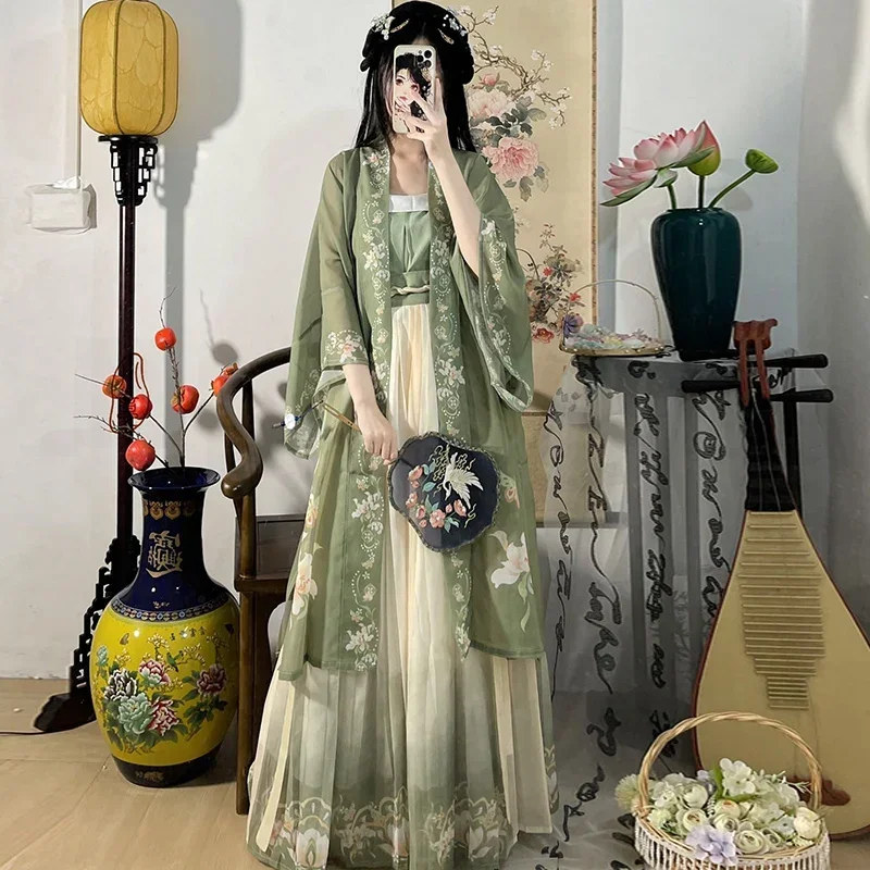 

3PCS Set Chinese Fashion Hanfu Dress Tea Green Flowing Dress Chinese Ancient Women Embroidery Dress Costume For Shooting Graduat