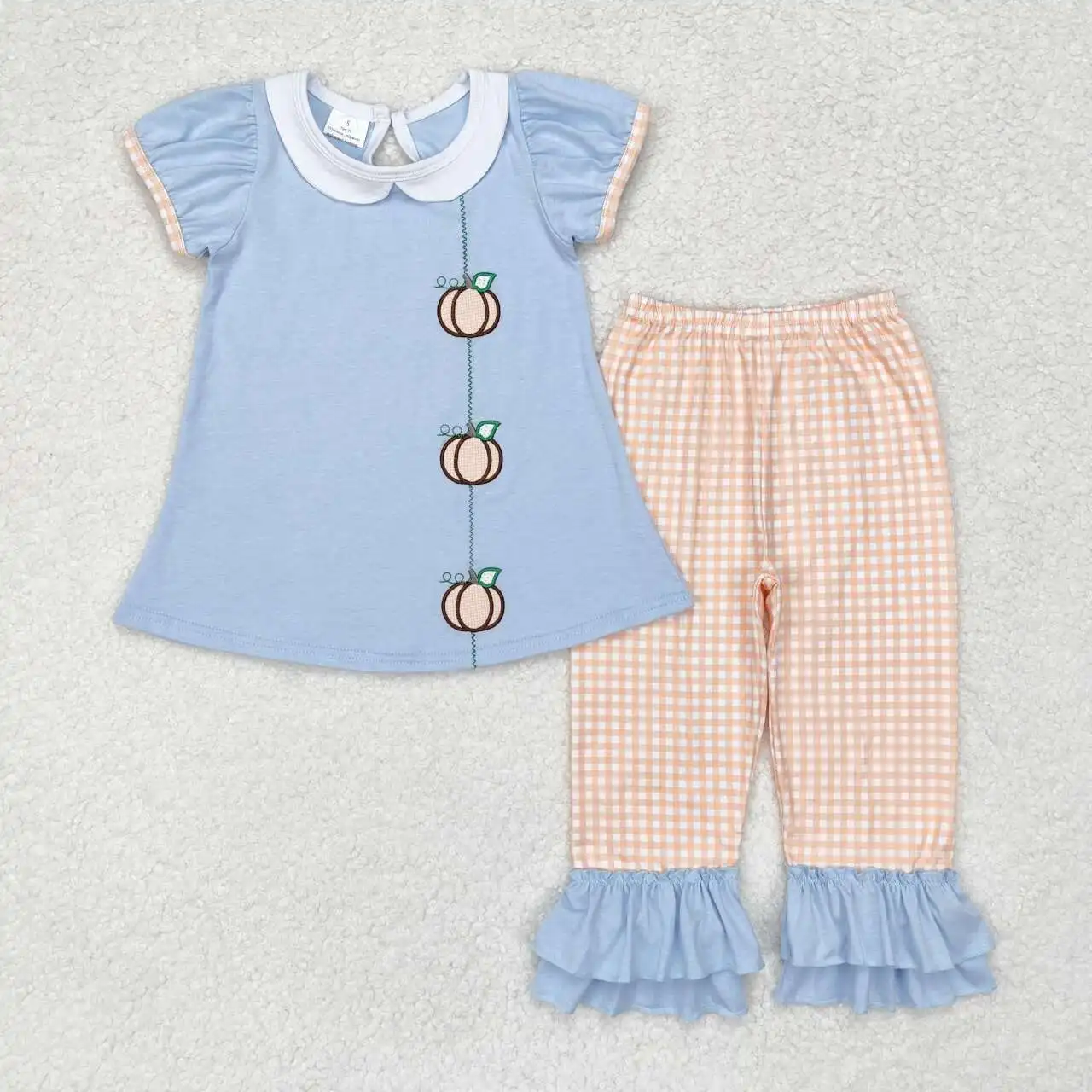 GSPO1534 Kids Girls Autumn Outfit  Sets Short Sleeves  Embroidered Pumpkin Doll Collar Blue Print With Trousers Children Clothes