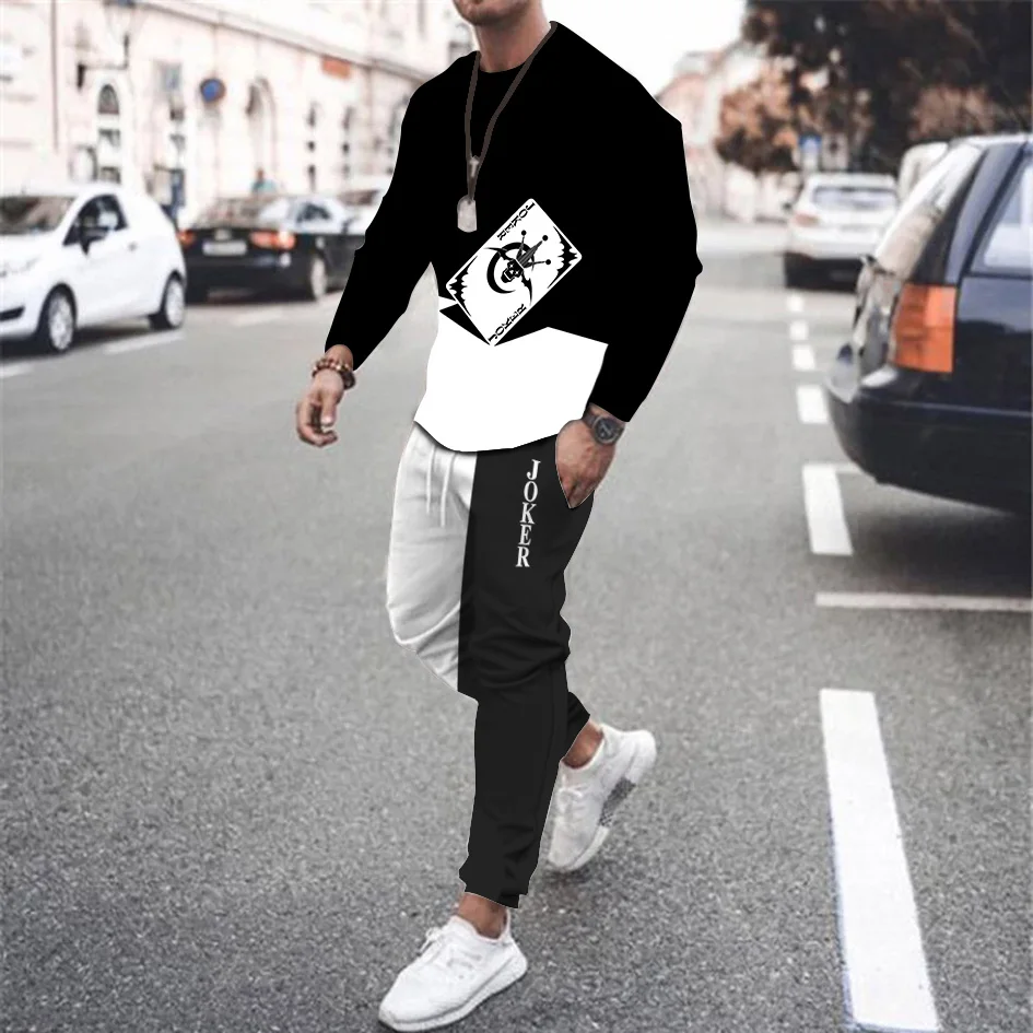 Fashion Black And White Poker Cards Men T-Shirt Long Sleeve Set 3D Printing Oversized  Streetwear Clothes 2-Piece Sports Suit