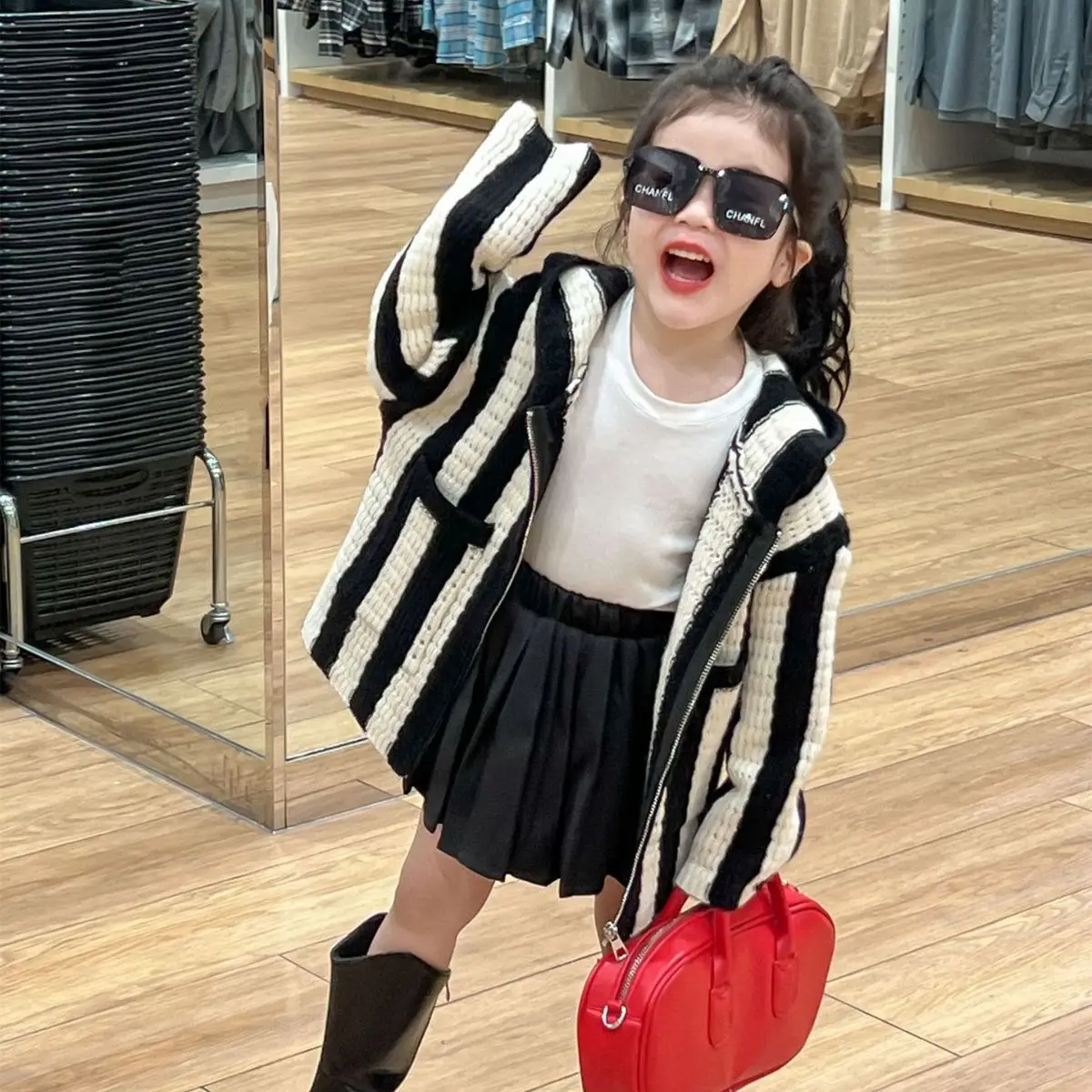 Girls Suits Children 2024 New Autumn Collection Fashion Sweater Coat and White T-shirt and Black Dress Three Piece Set Clothes