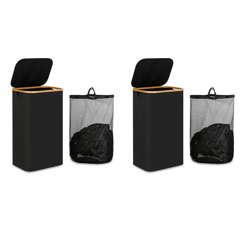 2X 110L Laundry Hamper With Handle And Lid,Collapsible Basket Organizer With Removable Inner Bag For Clothes Toys Black